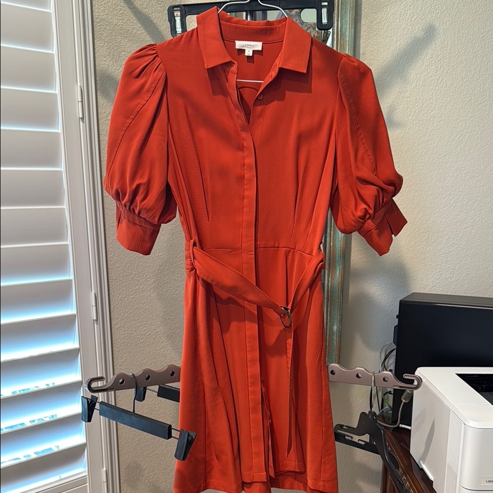 Orange Puff Sleeve Shirt Dress with Notched Collar